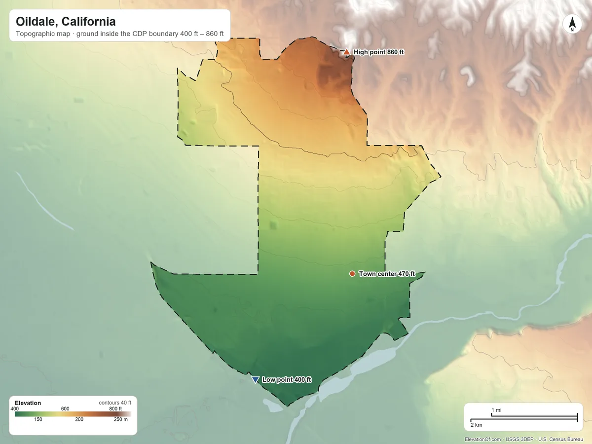 Topographic elevation map of Oildale, California, shaded from 400 ft on the southwest side to 860 ft on the north side