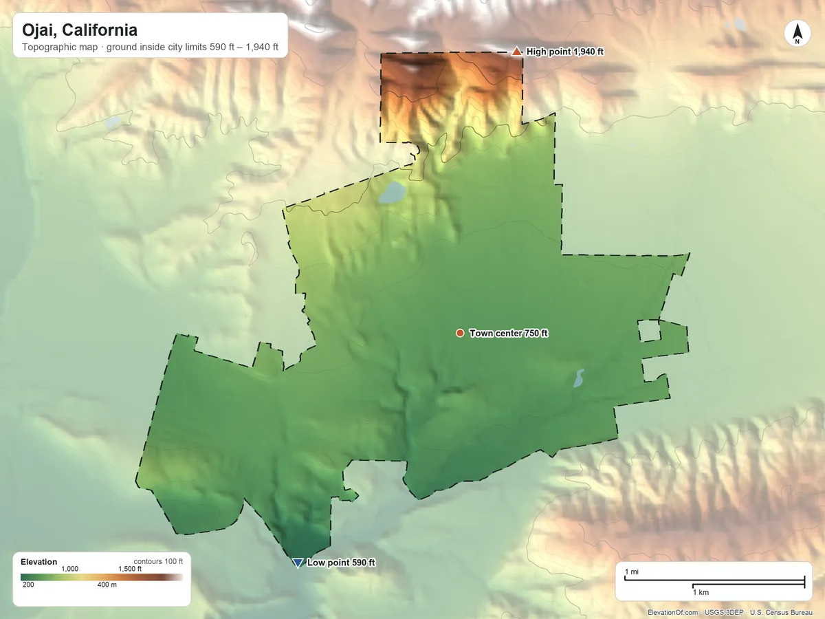 Topographic elevation map of Ojai, California, shaded from 590 ft on the southwest side to 1,940 ft at the foot of the Santa Ynez Mountains