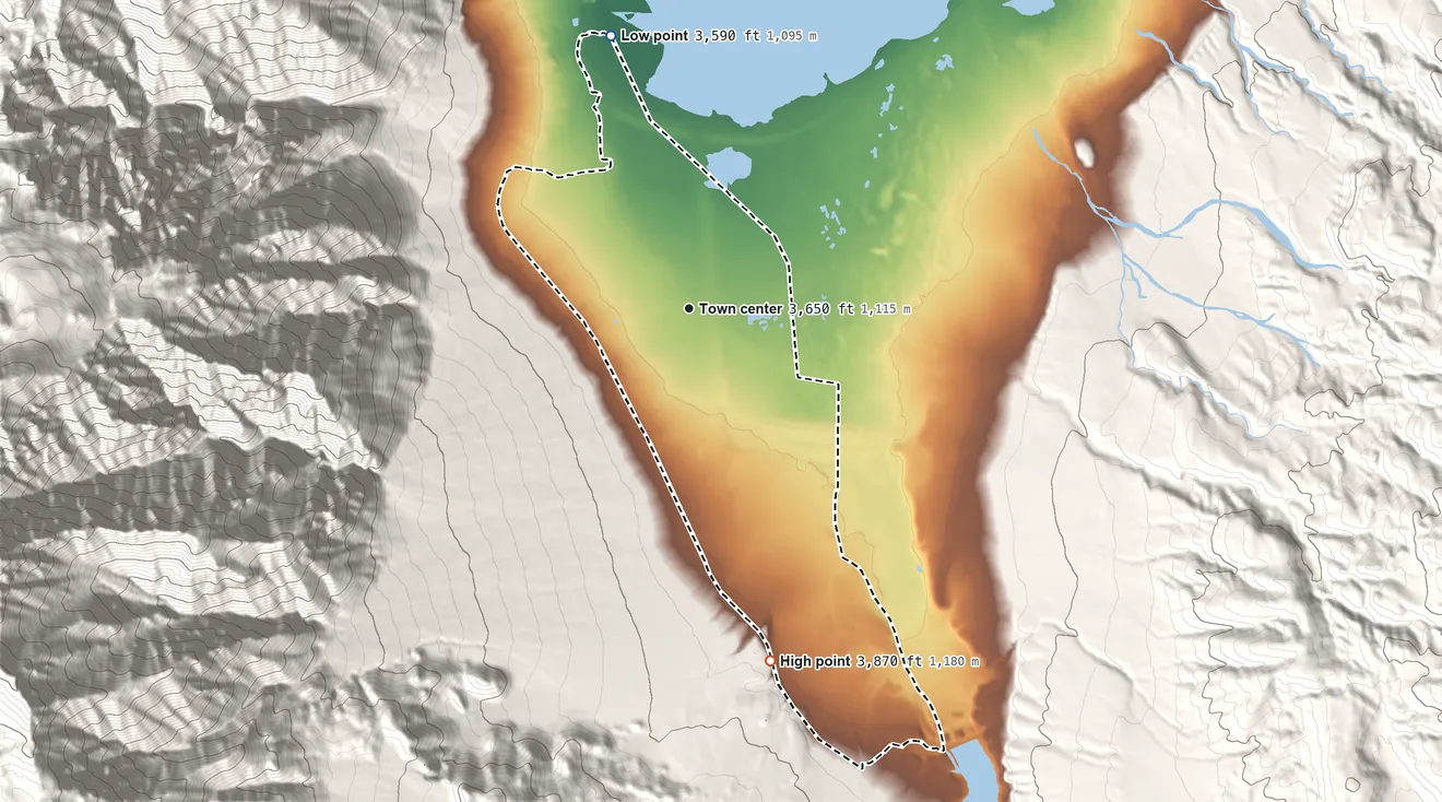 Topographic elevation map of Olancha, California, shaded from 3,590 ft on the north side to 3,870 ft at the foot of the Coso Range