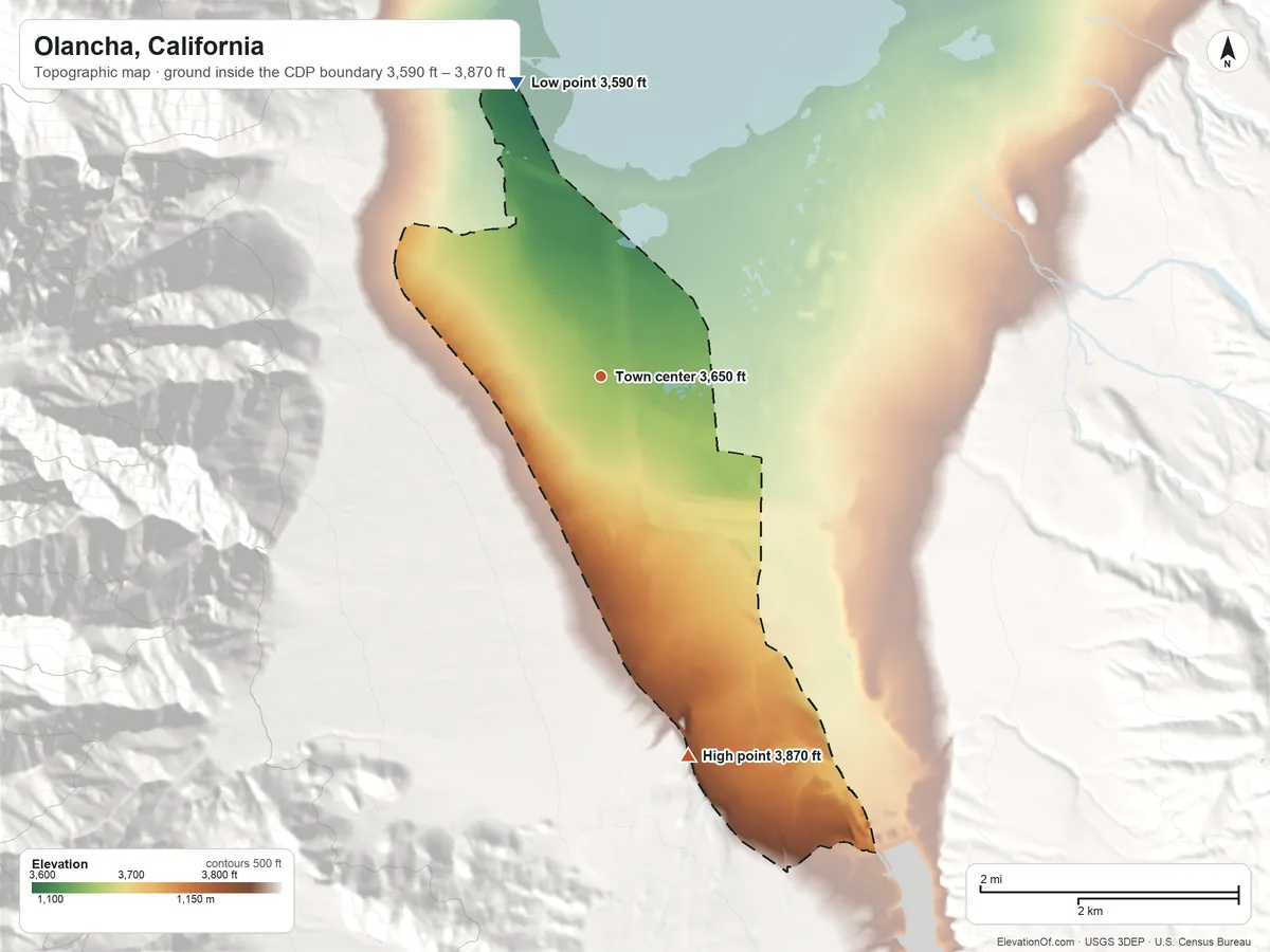 Topographic elevation map of Olancha, California, shaded from 3,590 ft on the north side to 3,870 ft at the foot of the Coso Range