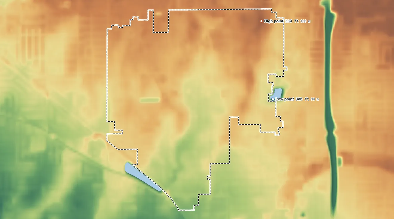 Topographic elevation map of Old Fig Garden, California, shaded from 300 ft on the east side to 330 ft on the northeast side