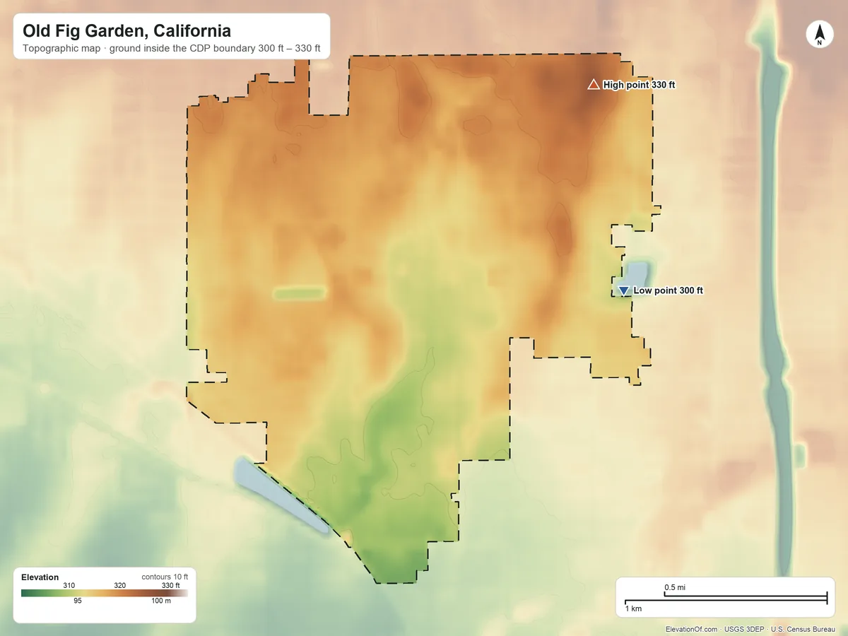 Topographic elevation map of Old Fig Garden, California, shaded from 300 ft on the east side to 330 ft on the northeast side