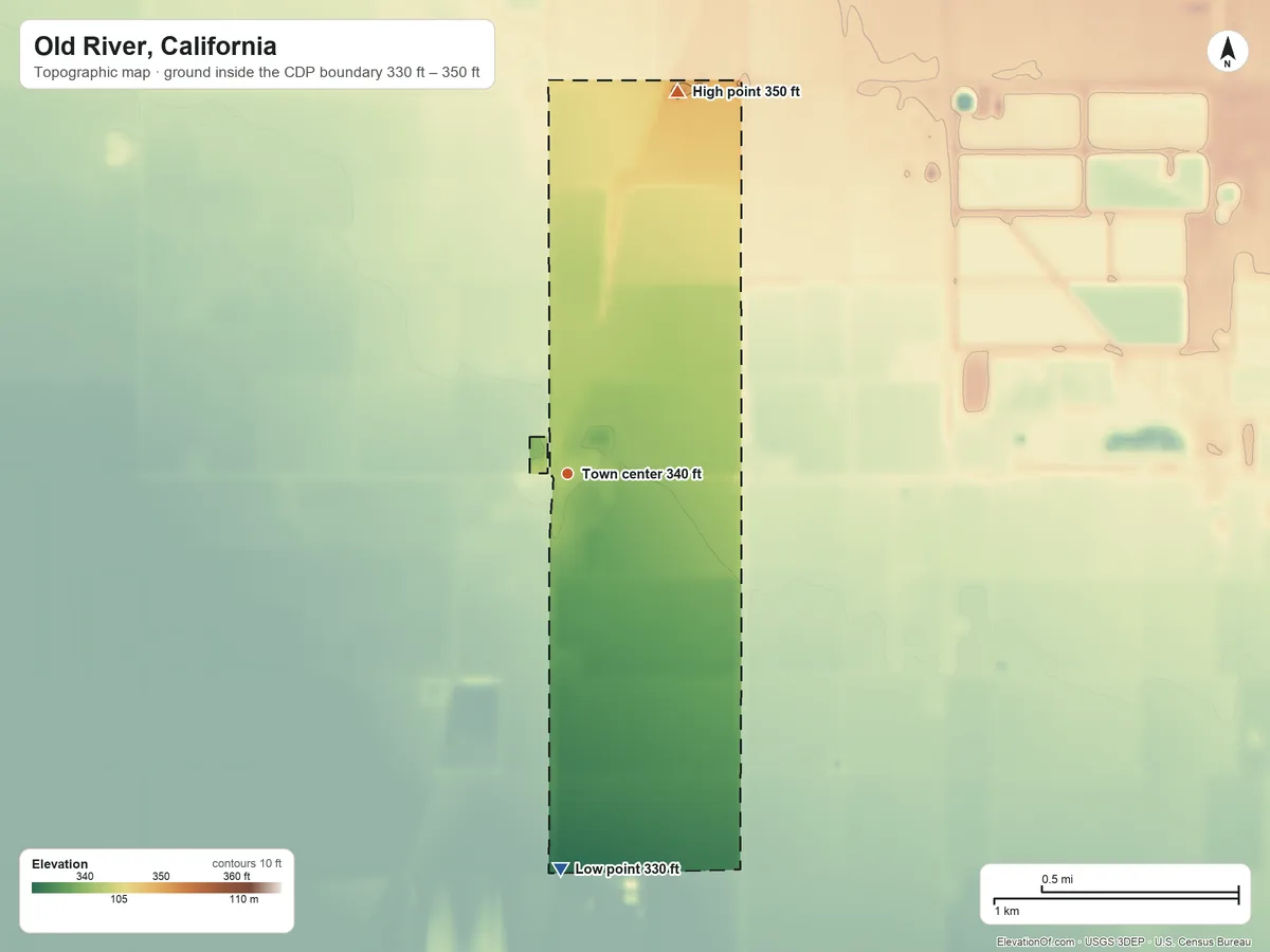 Topographic elevation map of Old River, California, shaded from 330 ft on the south side to 350 ft on the north side