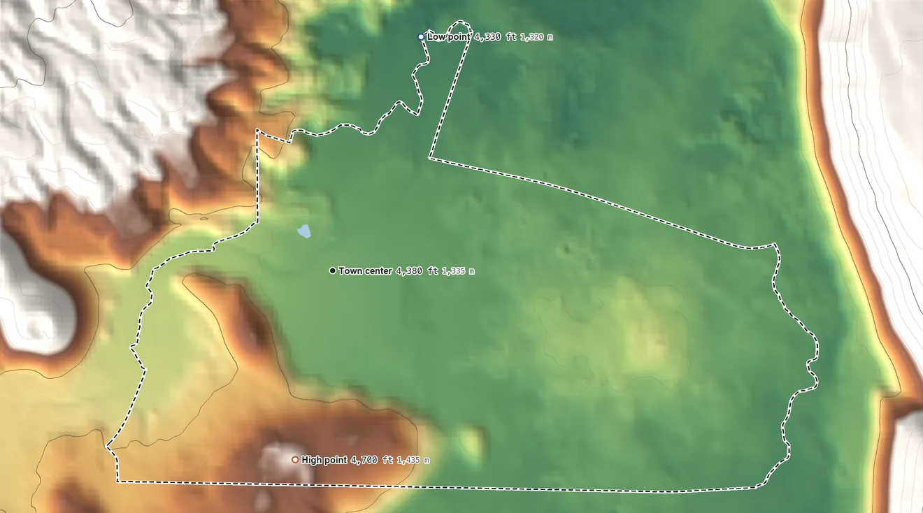 Topographic elevation map of Old Station, California, shaded from 4,330 ft on the north side to 4,700 ft on the south edge, below higher ground just outside