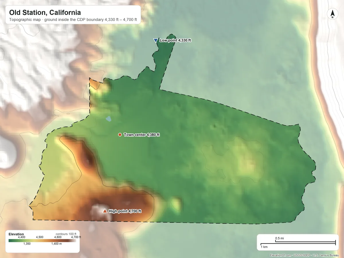 Topographic elevation map of Old Station, California, shaded from 4,330 ft on the north side to 4,700 ft on the south edge, below higher ground just outside