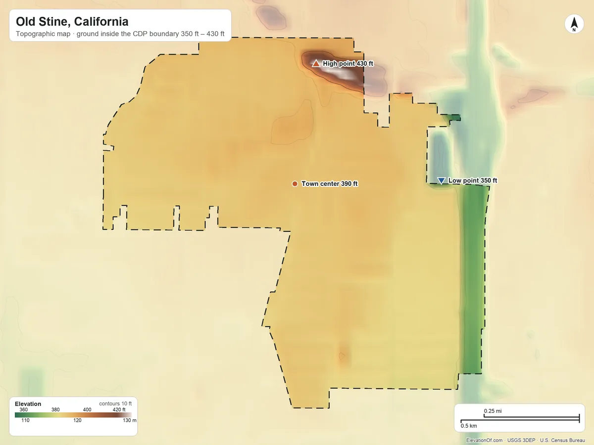 Topographic elevation map of Old Stine, California, shaded from 350 ft on the east side to 430 ft on the north side