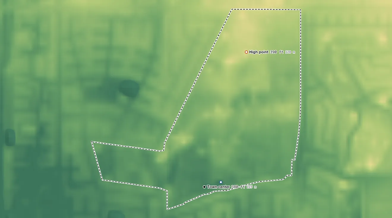 Topographic elevation map of Olde Stockdale, California, shaded from 370 ft near the middle to 390 ft on the north side