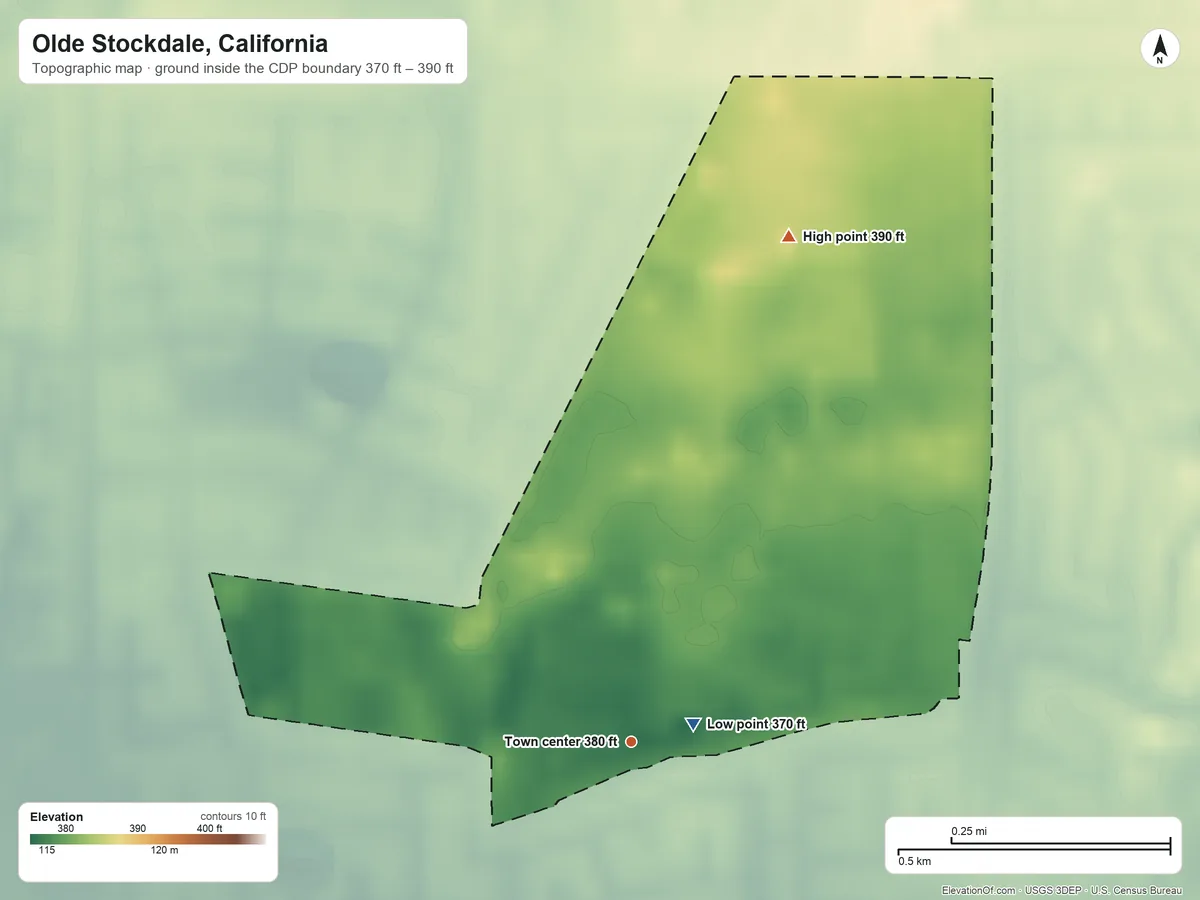 Topographic elevation map of Olde Stockdale, California, shaded from 370 ft near the middle to 390 ft on the north side