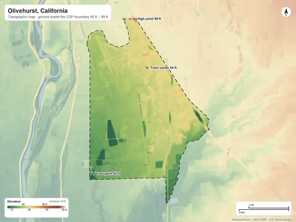 Topographic elevation map of Olivehurst, California, shaded from 45 ft on the southwest side to 99 ft on the north side