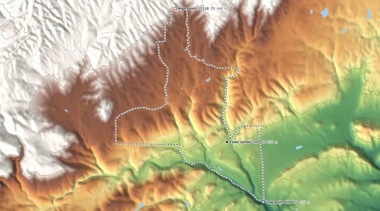 Topographic elevation map of Ono, California, shaded from 800 ft on the southeast side to 1,510 ft at the foot of the Bald Hills