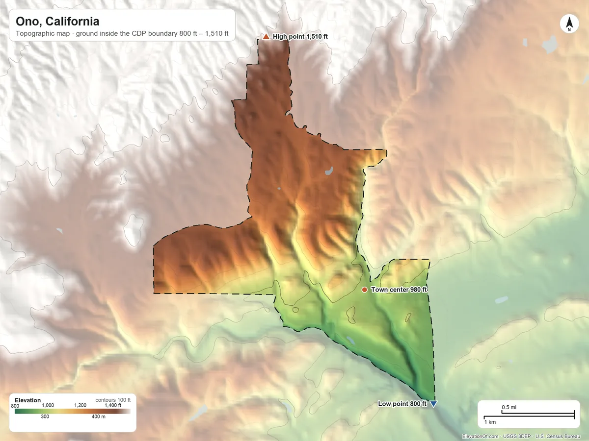 Topographic elevation map of Ono, California, shaded from 800 ft on the southeast side to 1,510 ft at the foot of the Bald Hills