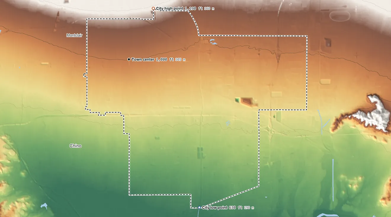 Topographic elevation map of Ontario, California, shaded from 630 ft on the southeast side to 1,190 ft on the northeast side