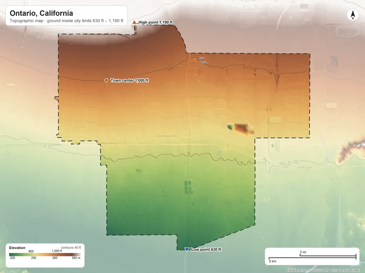 Topographic elevation map of Ontario, California, shaded from 630 ft on the southeast side to 1,190 ft on the northeast side