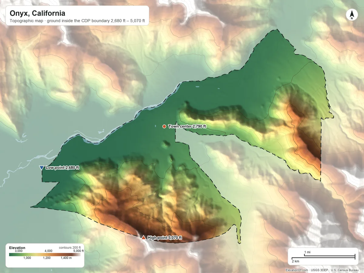 Topographic elevation map of Onyx, California, shaded from 2,680 ft on the west side to 5,070 ft on the south edge, below higher ground just outside
