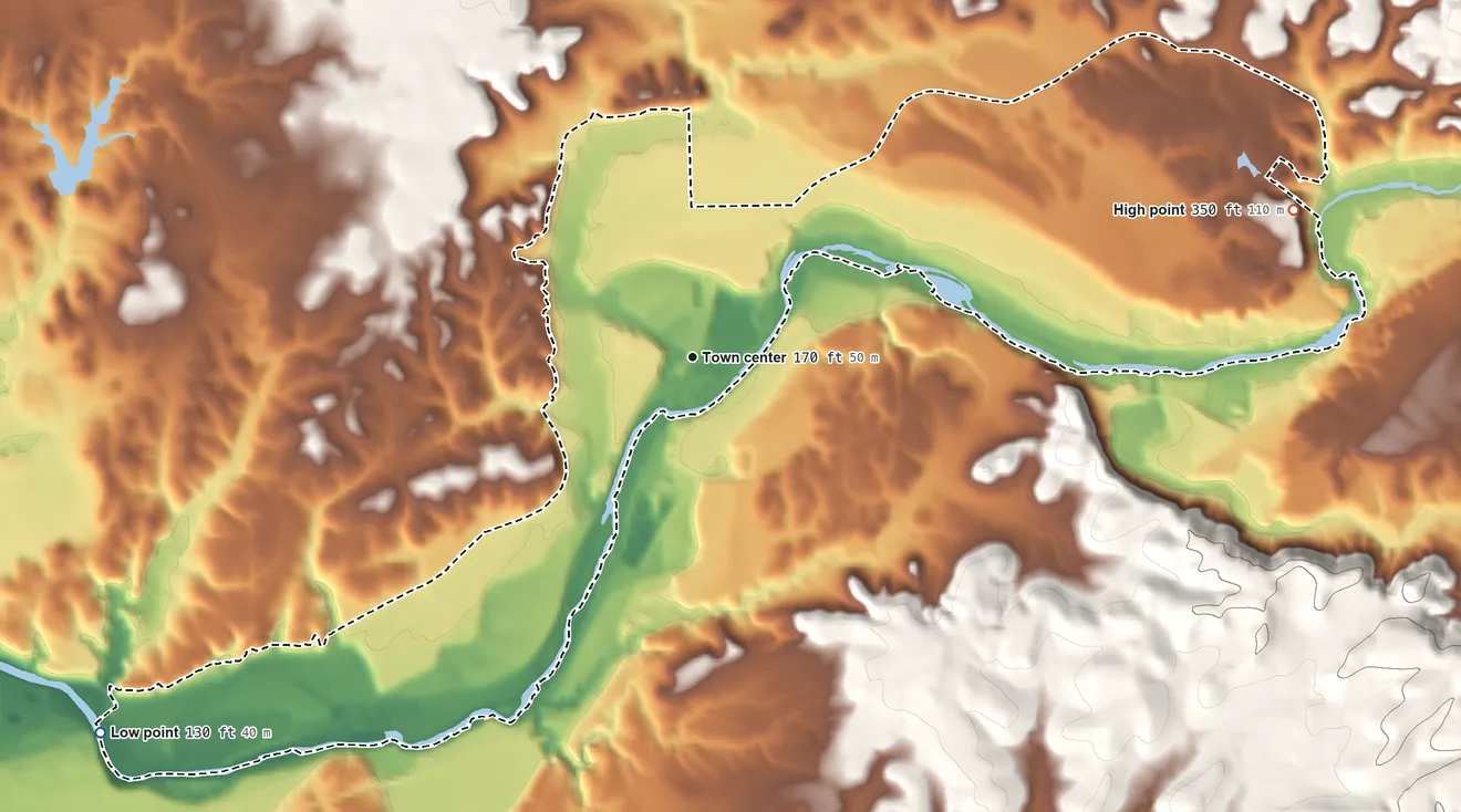 Topographic elevation map of Orange Blossom, California, shaded from 130 ft on the southwest side to 350 ft on the east side