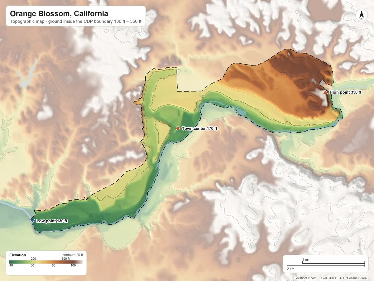 Topographic elevation map of Orange Blossom, California, shaded from 130 ft on the southwest side to 350 ft on the east side