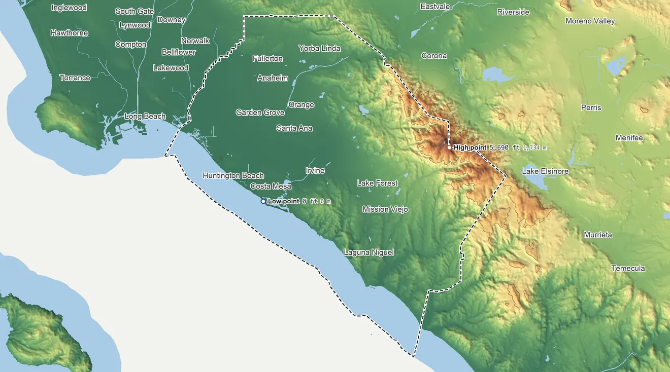 Topographic elevation map of Orange County, California, shaded from sea level on the Pacific Ocean to 5,690 ft on Santiago Peak