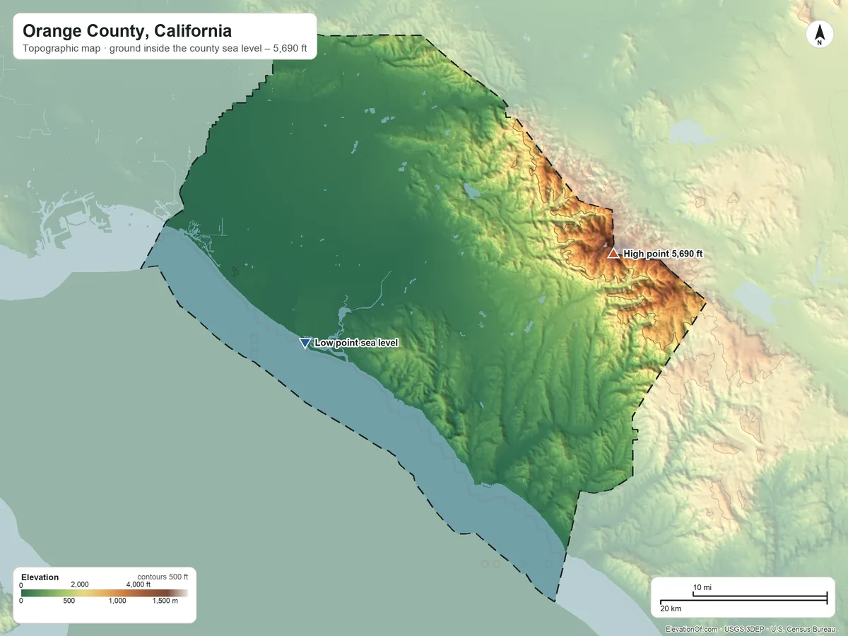 Topographic elevation map of Orange County, California, shaded from sea level on the Pacific Ocean to 5,690 ft on Santiago Peak