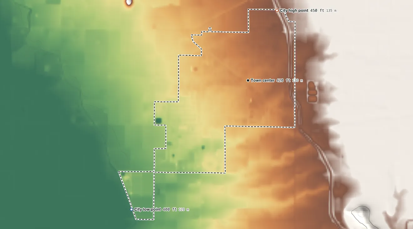 Topographic elevation map of Orange Cove, California, shaded from 400 ft on the southwest side to 450 ft on the north side