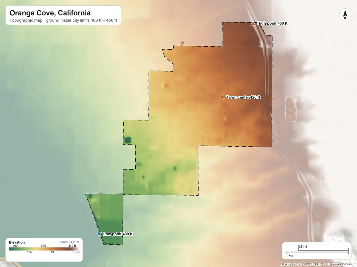 Topographic elevation map of Orange Cove, California, shaded from 400 ft on the southwest side to 450 ft on the north side