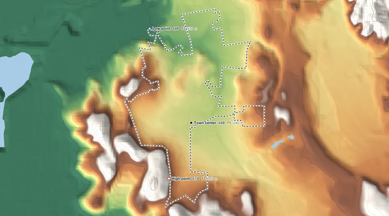 Topographic elevation map of Orange Park Acres, California, shaded from 400 ft on the northwest side to 670 ft on the south side
