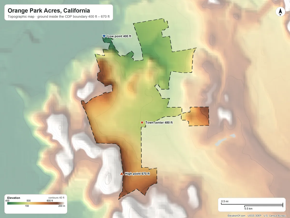 Topographic elevation map of Orange Park Acres, California, shaded from 400 ft on the northwest side to 670 ft on the south side