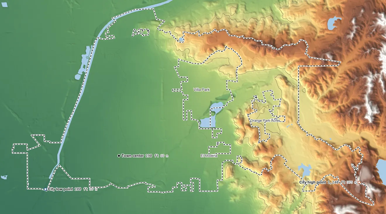 Topographic elevation map of Orange, California, shaded from 100 ft on the southwest side to 1,240 ft on the east side