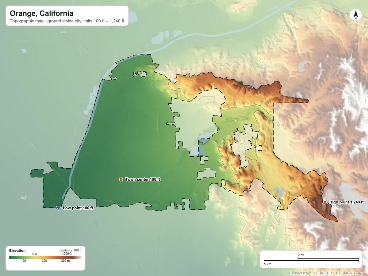 Topographic elevation map of Orange, California, shaded from 100 ft on the southwest side to 1,240 ft on the east side