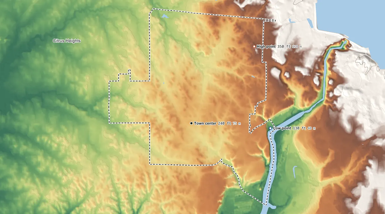 Topographic elevation map of Orangevale, California, shaded from 130 ft on the east side to 350 ft on the northeast side