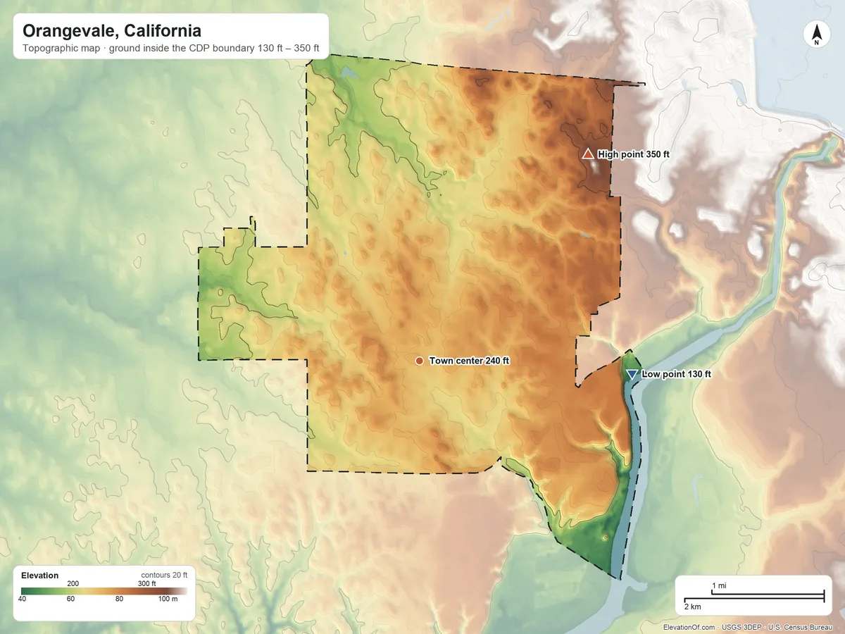Topographic elevation map of Orangevale, California, shaded from 130 ft on the east side to 350 ft on the northeast side
