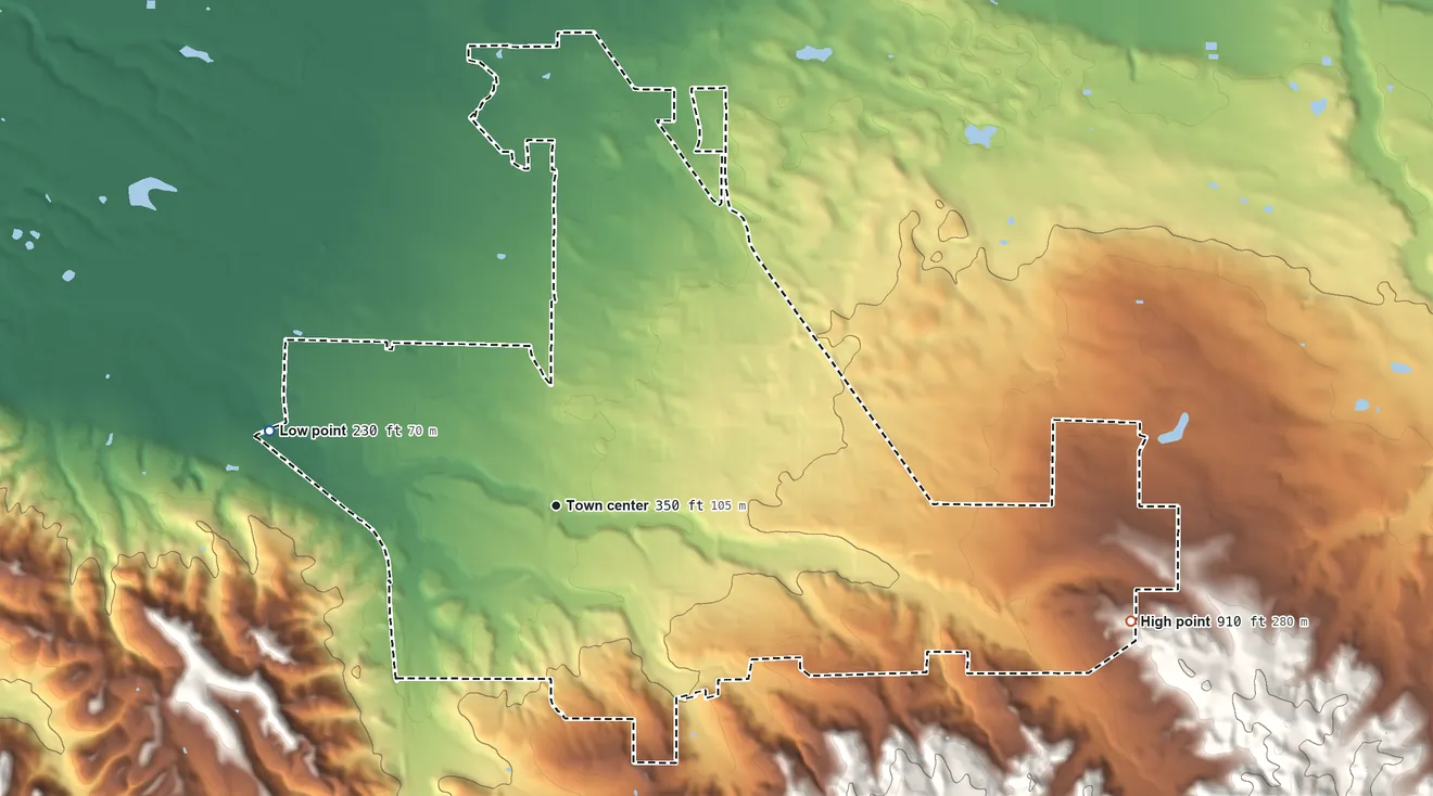 Topographic elevation map of Orcutt, California, shaded from 230 ft on the west side to 910 ft at the foot of the Solomon Hills