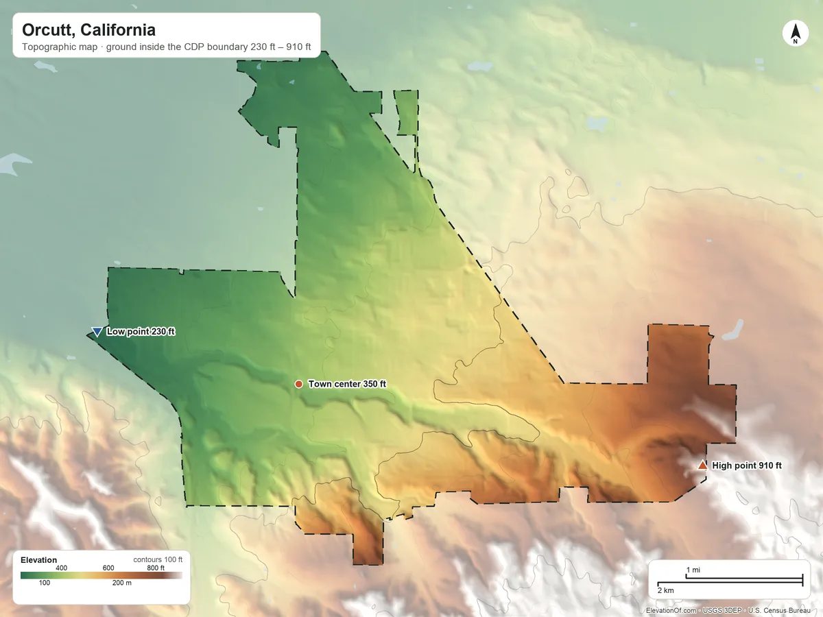 Topographic elevation map of Orcutt, California, shaded from 230 ft on the west side to 910 ft at the foot of the Solomon Hills