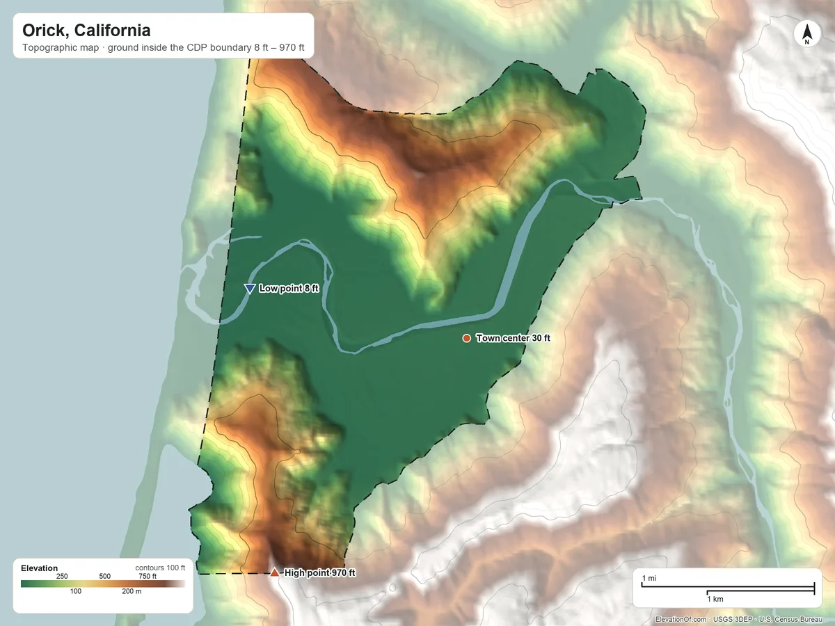 Topographic elevation map of Orick, California, shaded from 8 ft on the west side to 970 ft at the foot of the Shelton Buttes
