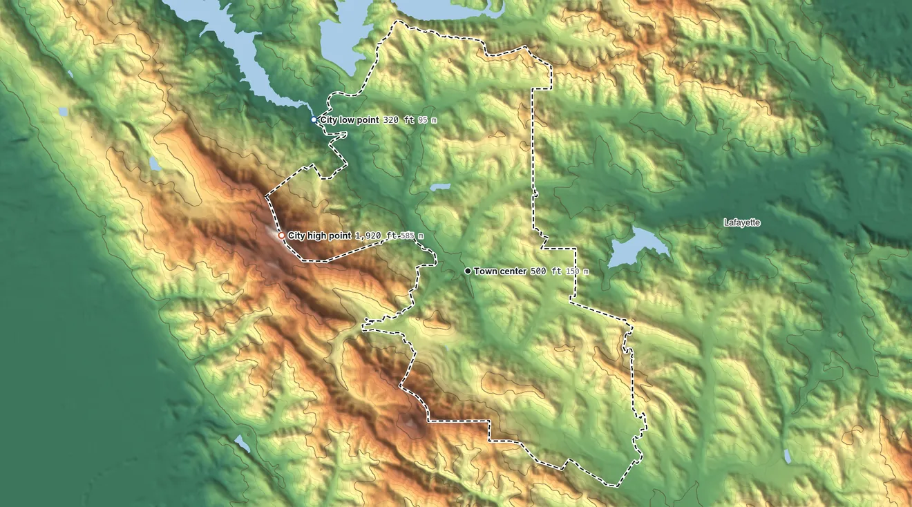 Topographic elevation map of Orinda, California, shaded from 320 ft on the northwest side to 1,916 ft on Vollmer Peak
