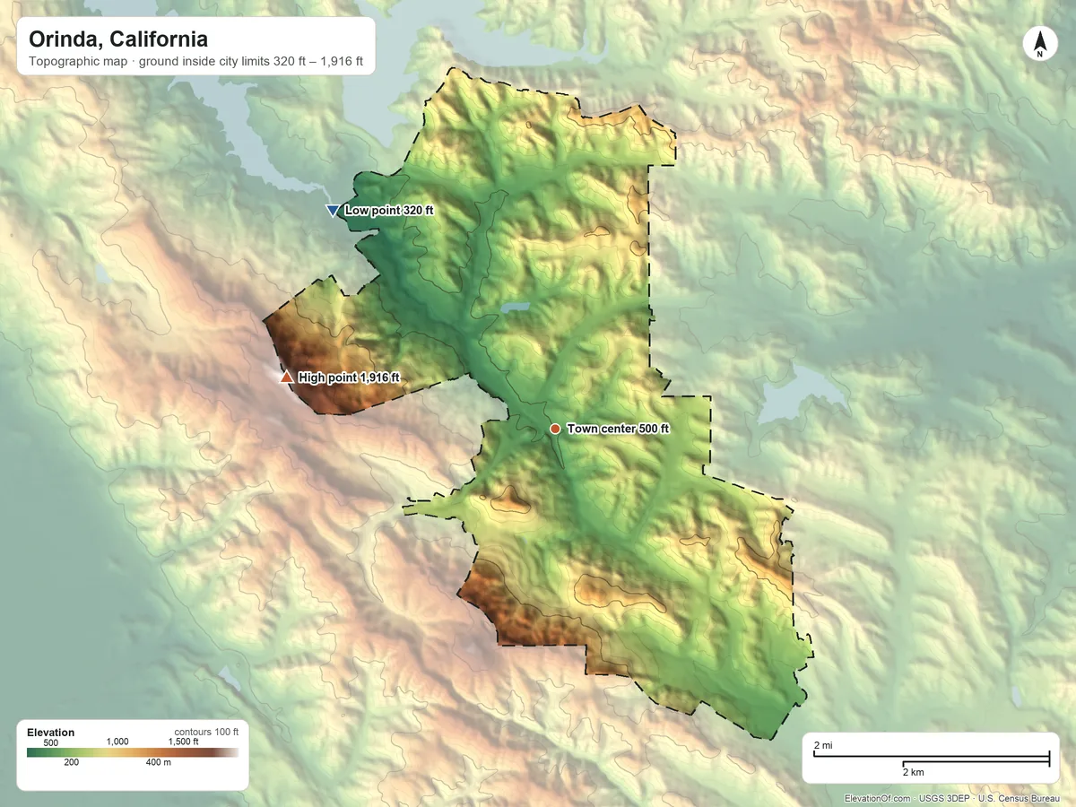 Topographic elevation map of Orinda, California, shaded from 320 ft on the northwest side to 1,916 ft on Vollmer Peak