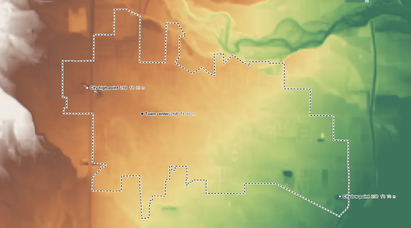 Topographic elevation map of Orland, California, shaded from 230 ft on the southeast side to 280 ft on the northwest side