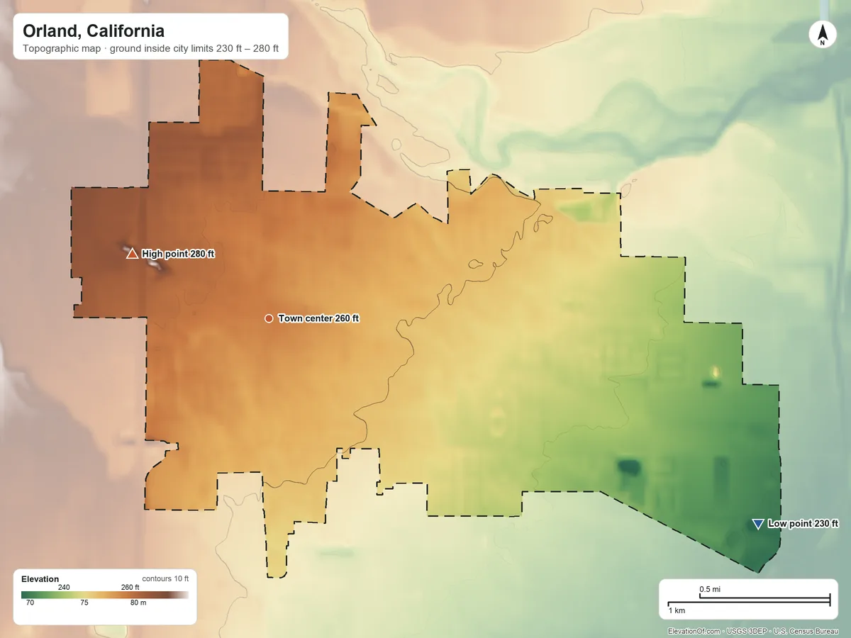 Topographic elevation map of Orland, California, shaded from 230 ft on the southeast side to 280 ft on the northwest side