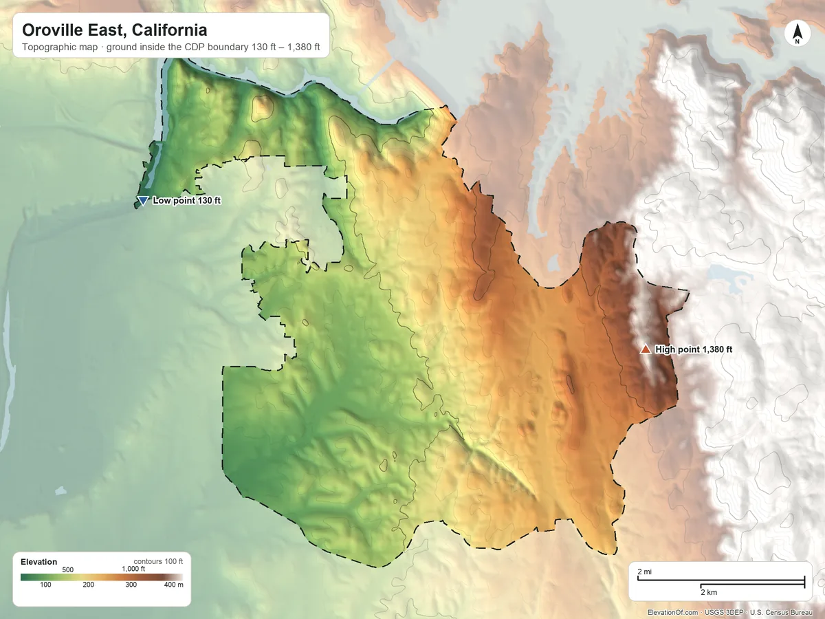 Topographic elevation map of Oroville East, California, shaded from 130 ft on the northwest side to 1,380 ft at the foot of the Campbell Hills