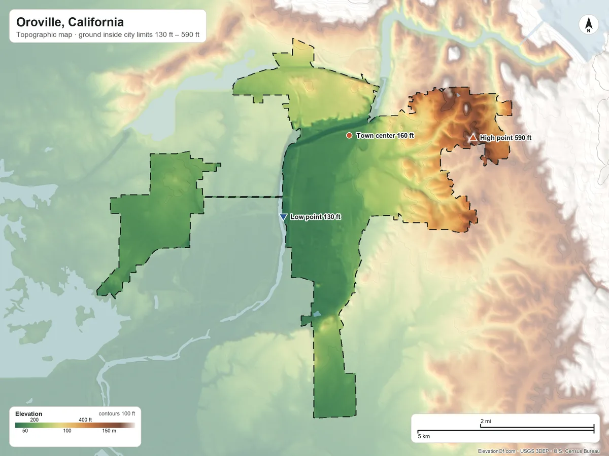 Topographic elevation map of Oroville, California, shaded from 130 ft on the southwest side to 590 ft on the east side