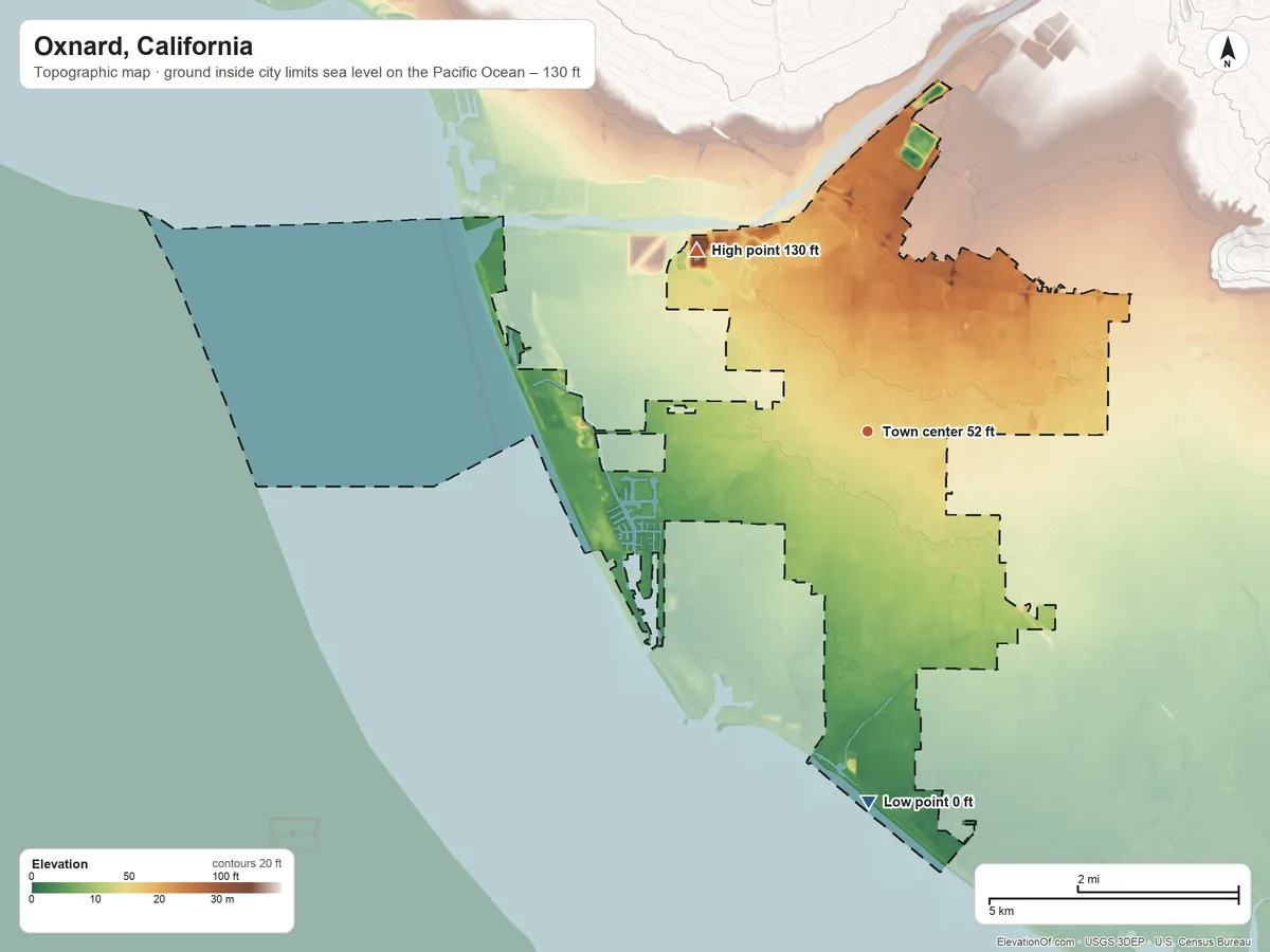 Topographic elevation map of Oxnard, California, shaded from sea level level on the Pacific Ocean to 130 ft on the northwest side