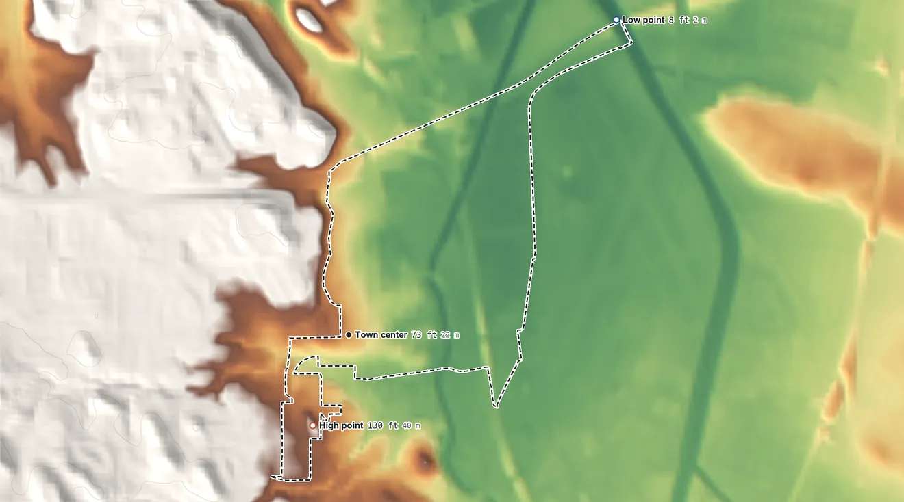Topographic elevation map of Pacheco, California, shaded from 8 ft on the northeast side to 130 ft at the foot of the Briones Hills