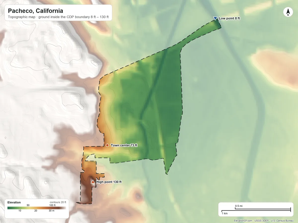 Topographic elevation map of Pacheco, California, shaded from 8 ft on the northeast side to 130 ft at the foot of the Briones Hills