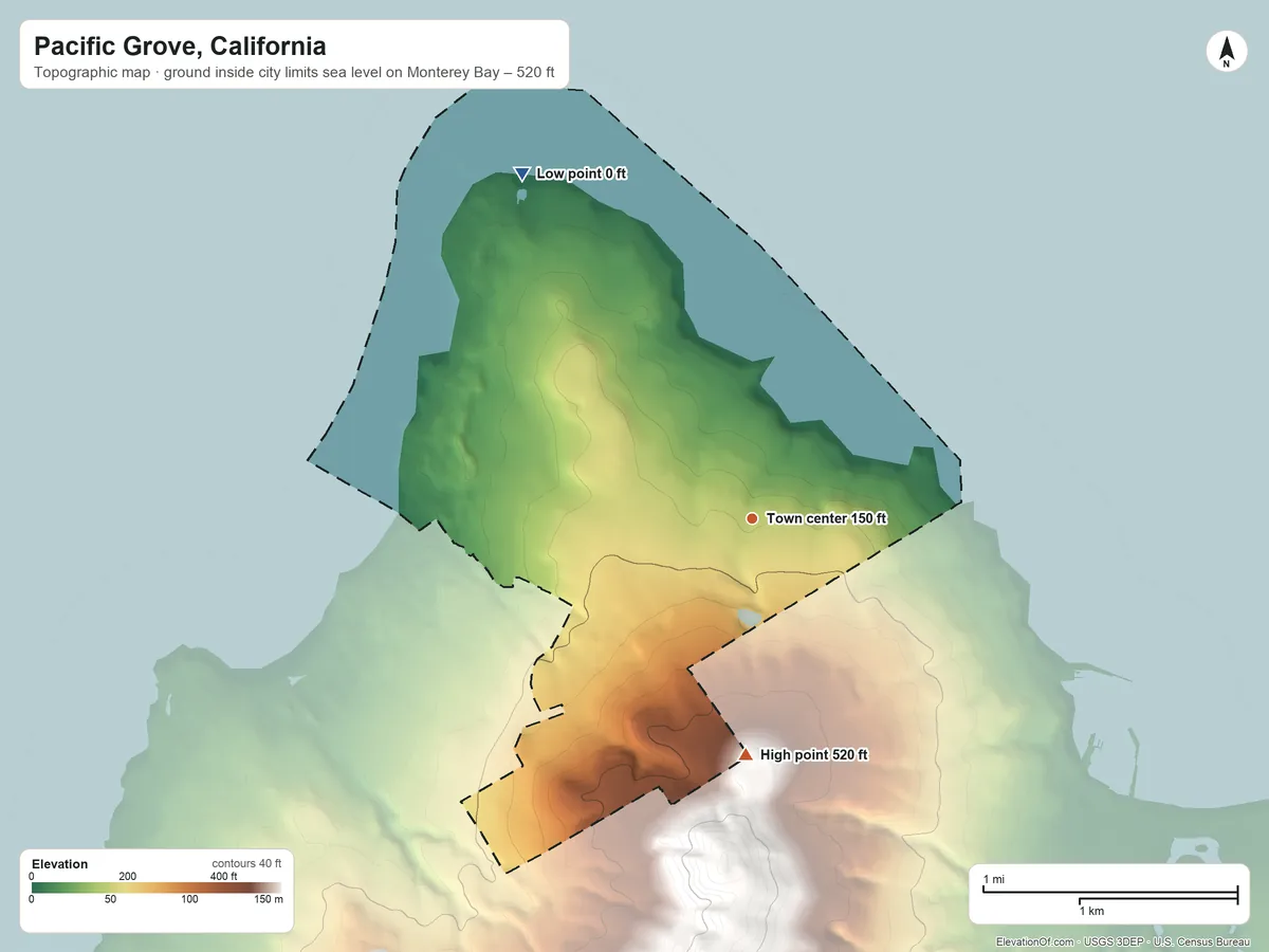 Topographic elevation map of Pacific Grove, California, shaded from sea level level on Monterey Bay to 520 ft on the south side