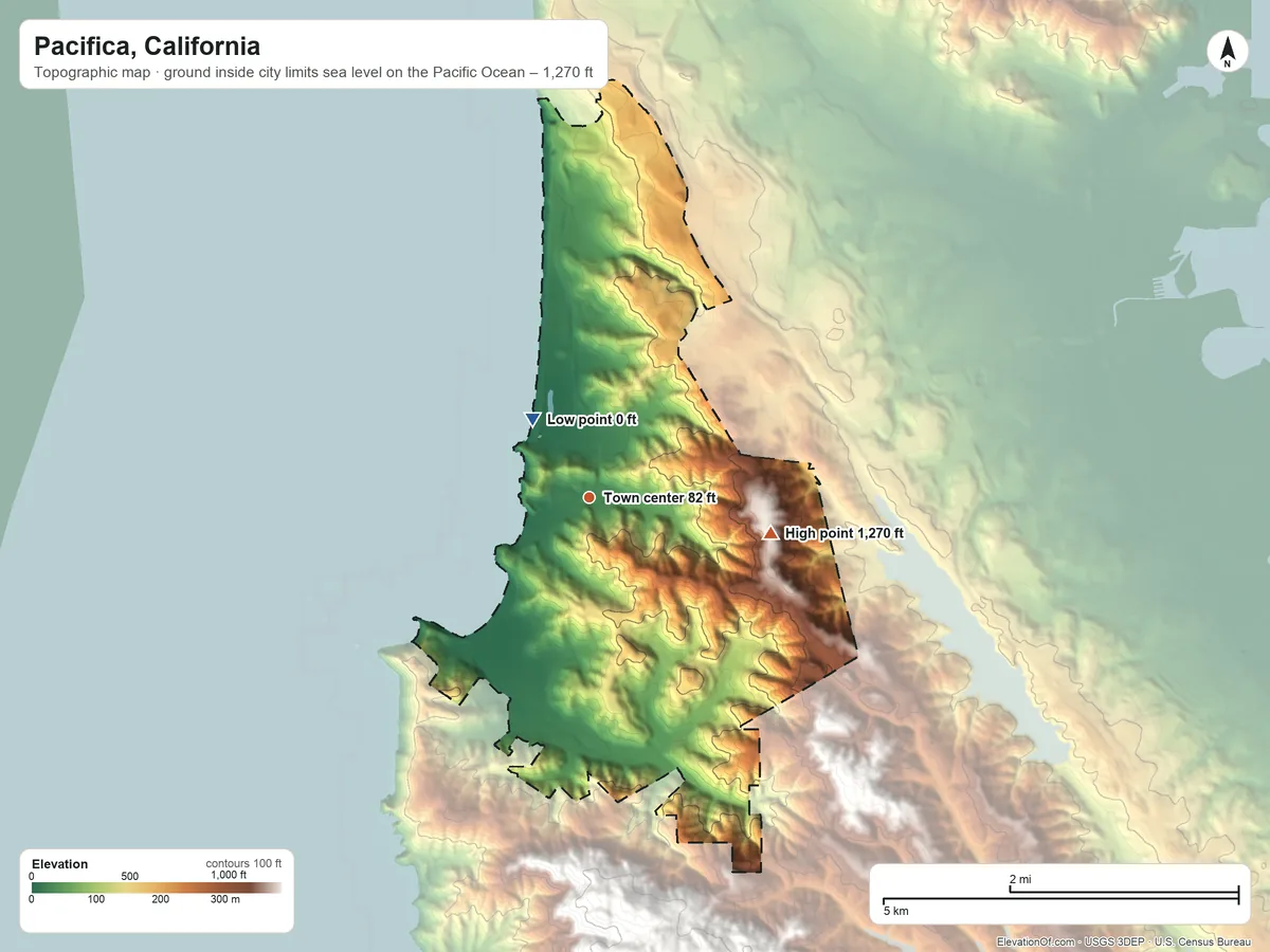 Topographic elevation map of Pacifica, California, shaded from sea level level on the Pacific Ocean to 1,270 ft on the east side
