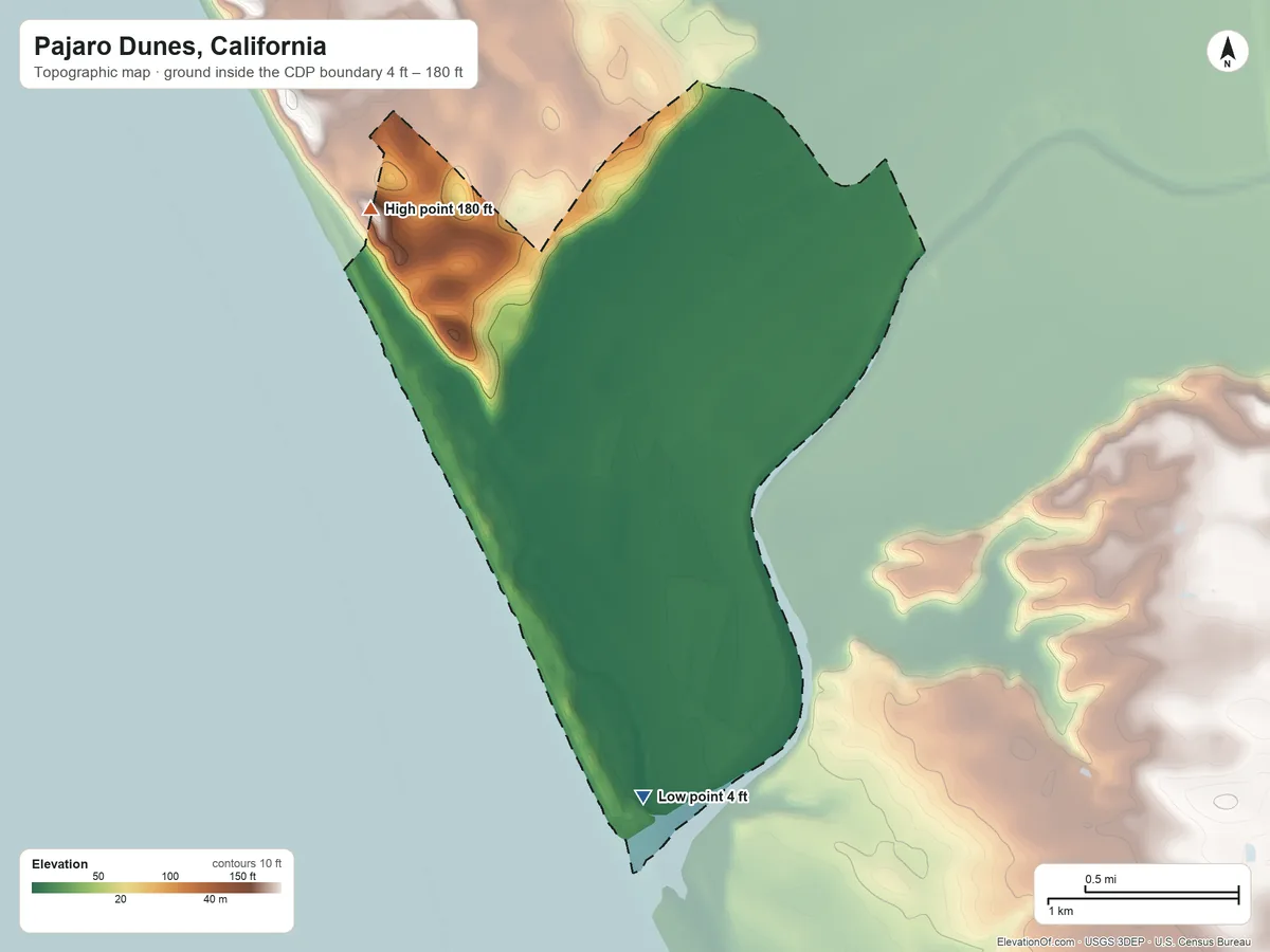 Topographic elevation map of Pajaro Dunes, California, shaded from 4 ft on the southeast side to 180 ft on the north side