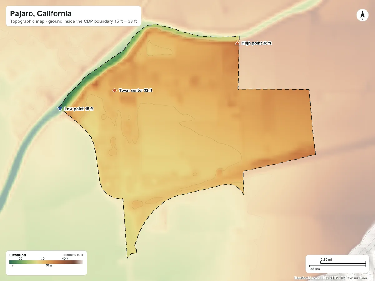 Topographic elevation map of Pajaro, California, shaded from 15 ft on the west side to 38 ft on the east edge, below higher ground just outside