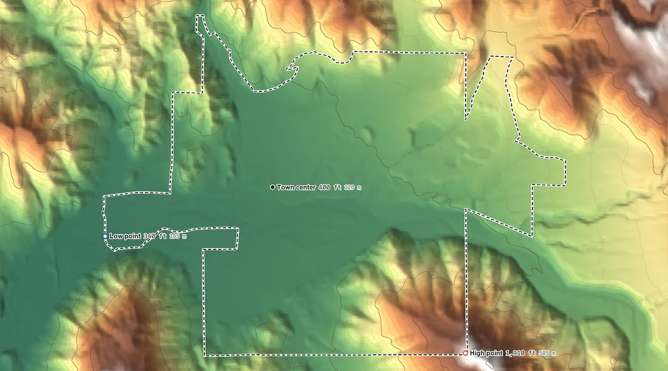 Topographic elevation map of Pala, California, shaded from 340 ft on the west side to 1,910 ft on the southeast side