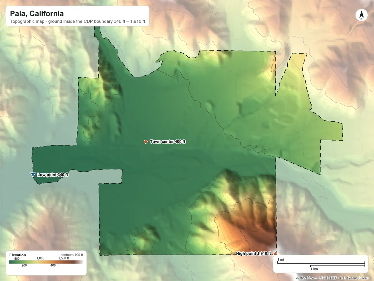 Topographic elevation map of Pala, California, shaded from 340 ft on the west side to 1,910 ft on the southeast side