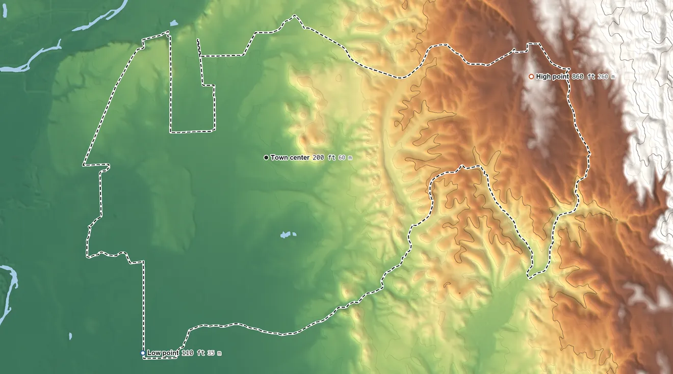 Topographic elevation map of Palermo, California, shaded from 110 ft on the southwest side to 860 ft at the foot of the Campbell Hills