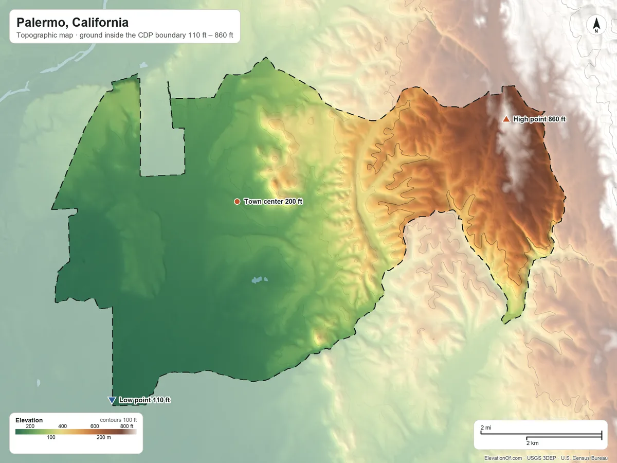 Topographic elevation map of Palermo, California, shaded from 110 ft on the southwest side to 860 ft at the foot of the Campbell Hills
